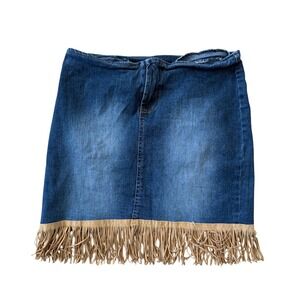Y2K Vintage Connection Denim Fringe Maxi Skirt Western Faux Suede Trim Size L #5